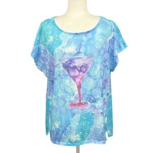 Art & Sol T-Shirt Women XL Watercolor Martini Glass Resort Island Beach Vaca